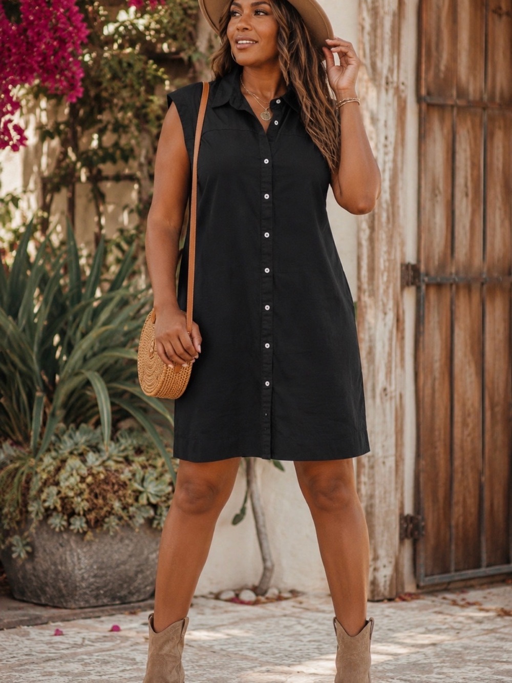 Never A Wallflower Black Cotton Stretch Sleeveless Button Front Shirt Dress XL